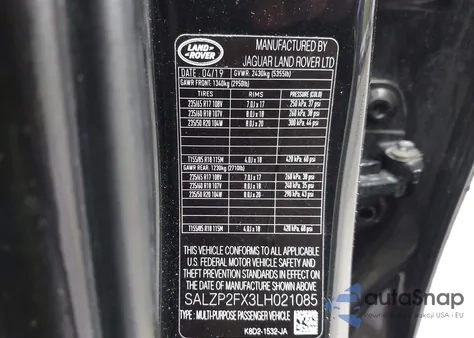 2020 Land Rover Range Rover Evoque Se из США, поврежденный, VIN SALZP2FX3LH021085